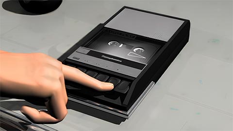 A finger presses a tape recorder button in a 3d CGI rendering